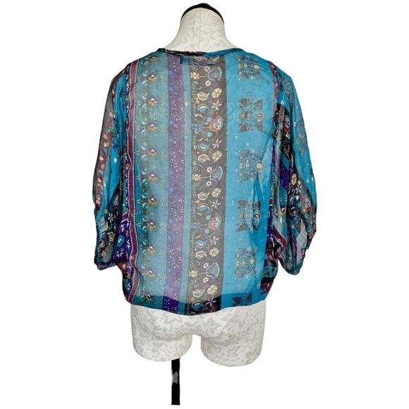 MYNE Ashley Ann Silk Sheer Boho Blouse Floral 3/4 Sleeve Ties at Neck Size 2 - Picture 5 of 13